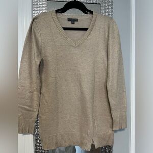 Signature Women's Tan V-Neck Sweater with gold foil